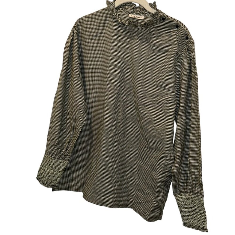 caramel black white gingham check plaid ruffle neck side buttons top cot…